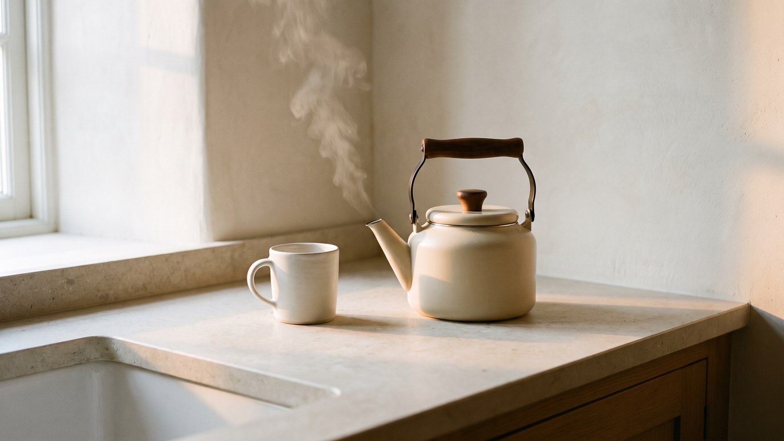 A cream enamel stovetop kettle with a dark wooden handle on a pale limestone worktop, a thread of steam rising from its spout, a plain off-white stoneware mug beside it, low morning light from a window at the left falling across the stone and a lime-plaster wall.