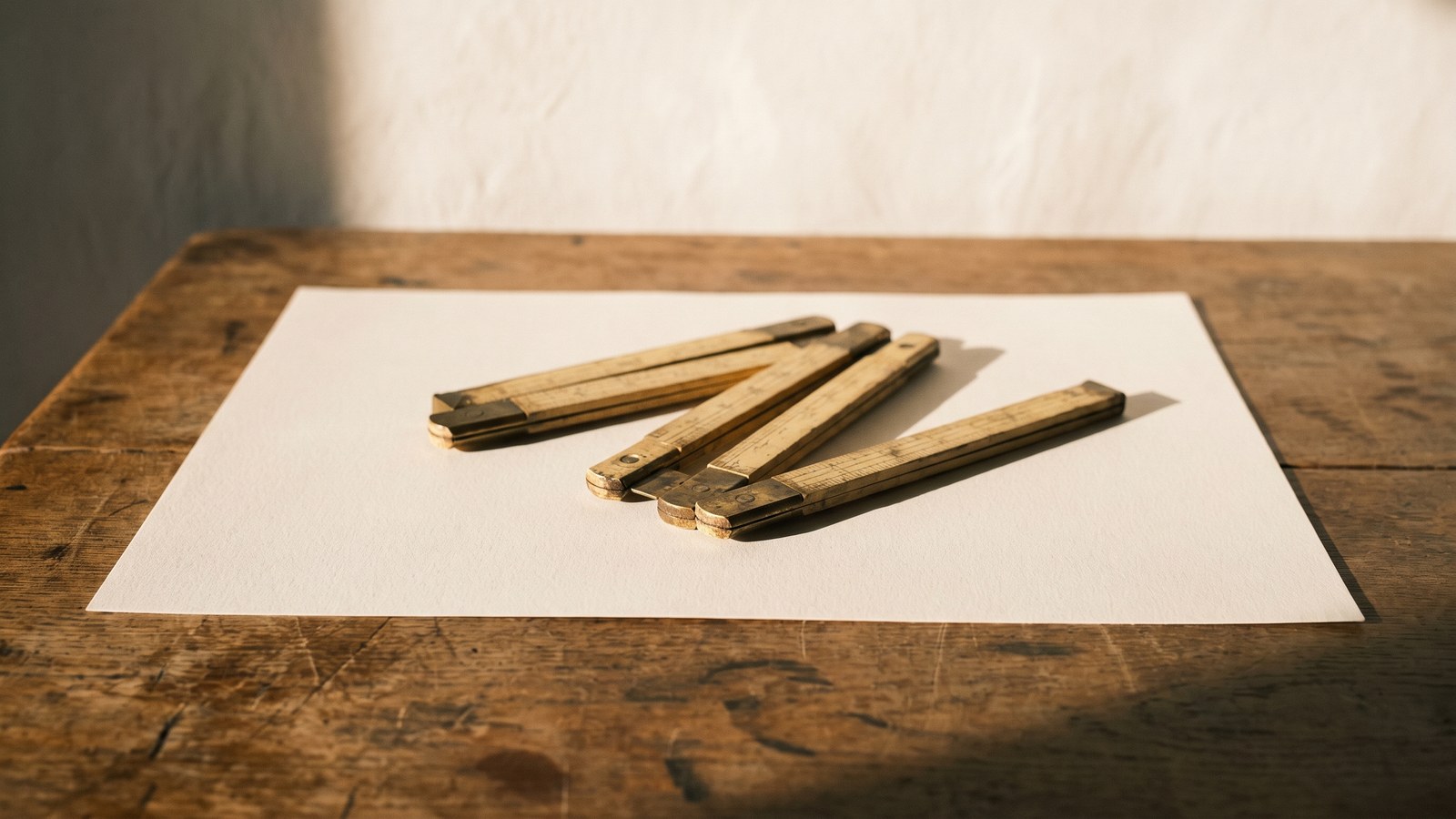 An antique boxwood folding rule with aged brass hinges, partly unfolded and set down on a sheet of warm off-white paper atop a scarred oak table, low raking morning light and a soft lime-plaster wall behind.