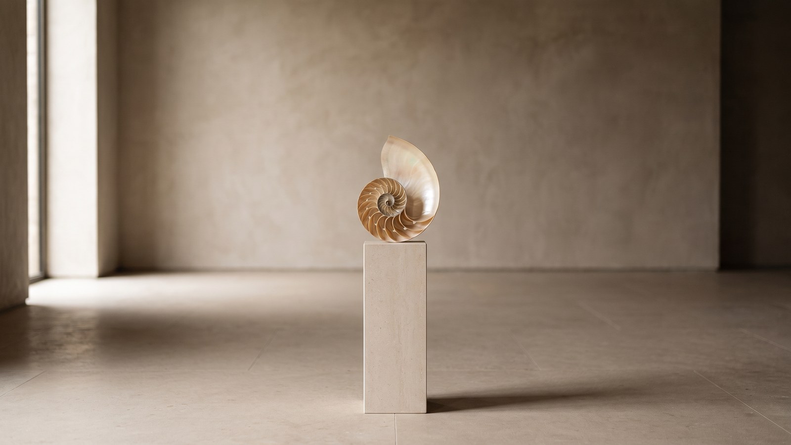 A chambered nautilus shell cut in cross-section, standing on a slender pale limestone plinth in the middle of an empty sunlit room, a long soft shadow falling away across the stone floor.