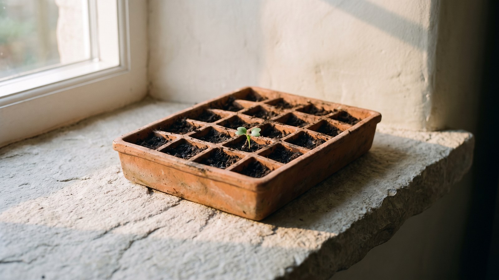 A weathered terracotta seed tray on a deep limestone windowsill, every square cell filled with dark soil and one small green seedling come up near the centre, low morning light from the window at the left raking across the rims and the stone.